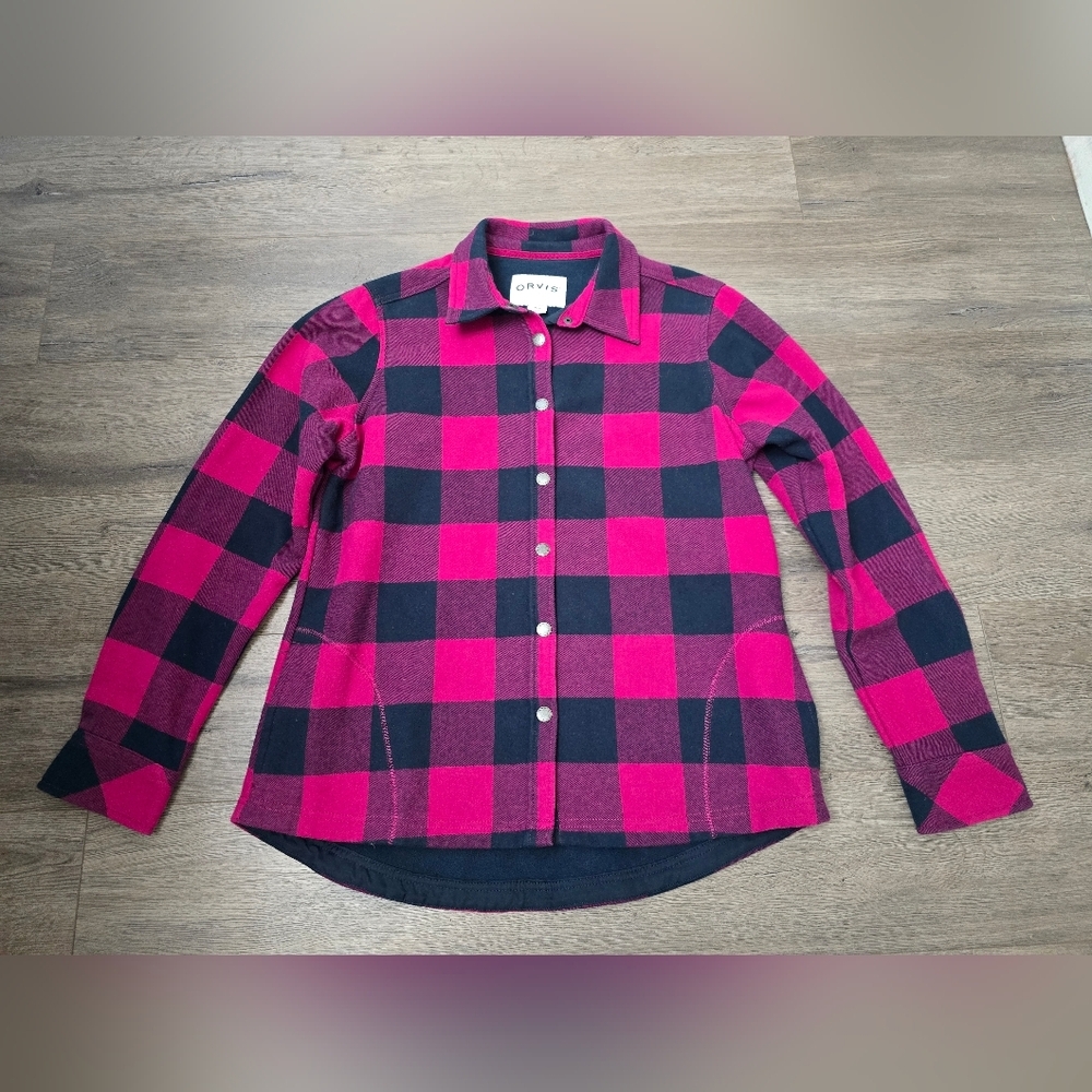 Orvis Button Down Flannel Shacket Womens Size Medium Navy Pink